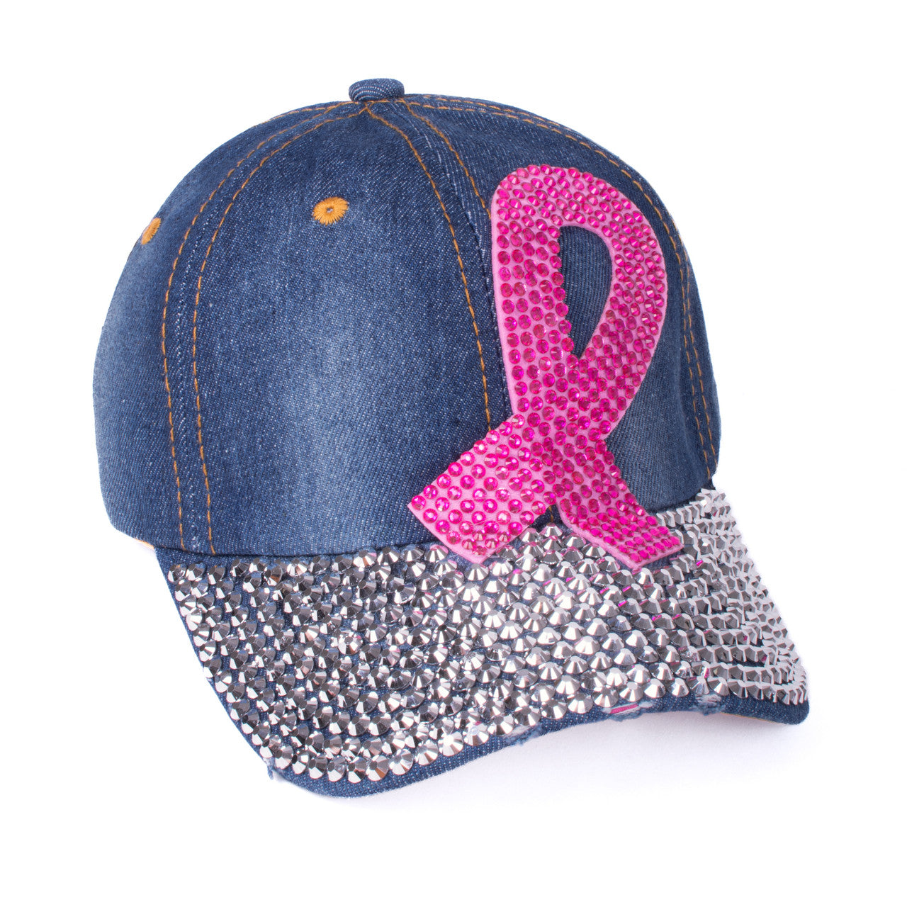 Pink Ribbon Denim Bling Ball Cap