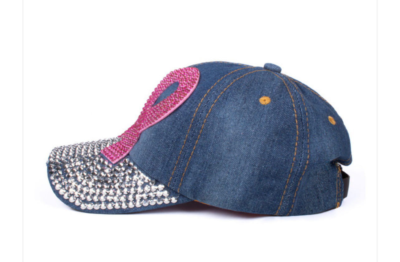 Pink Ribbon Denim Bling Ball Cap