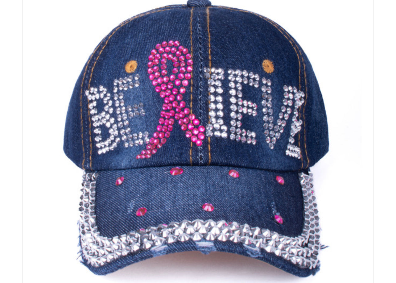 Believe Pink Ribbon Bling Denim Cap