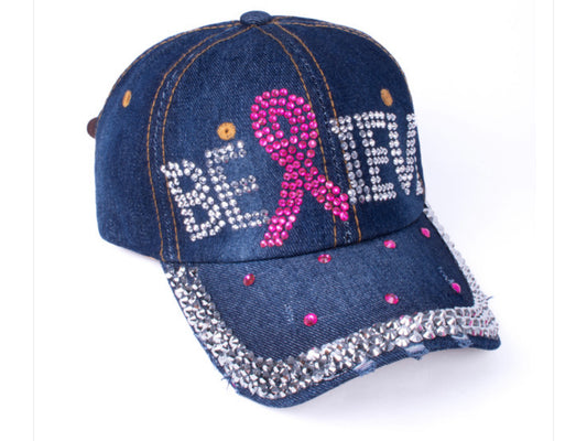 Believe Pink Ribbon Bling Denim Cap