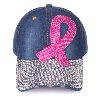 Pink Ribbon Denim Bling Ball Cap