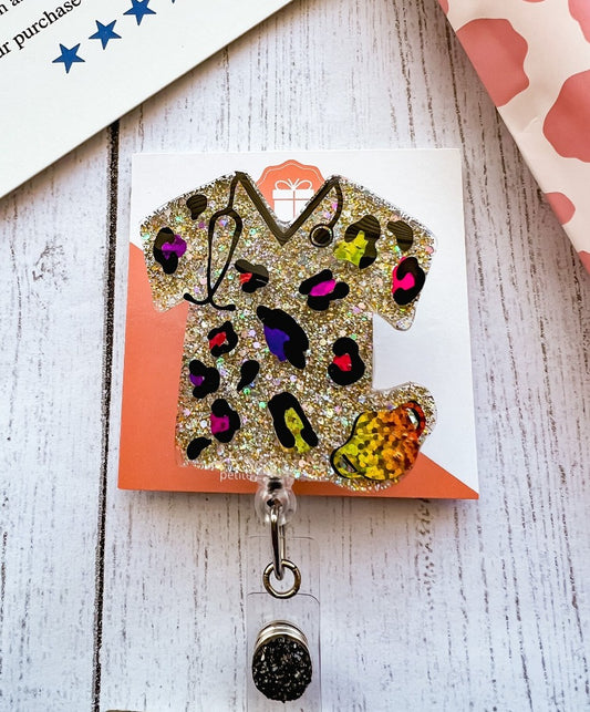 Multi Color Leopard Scrub top with Mask Badge Reel